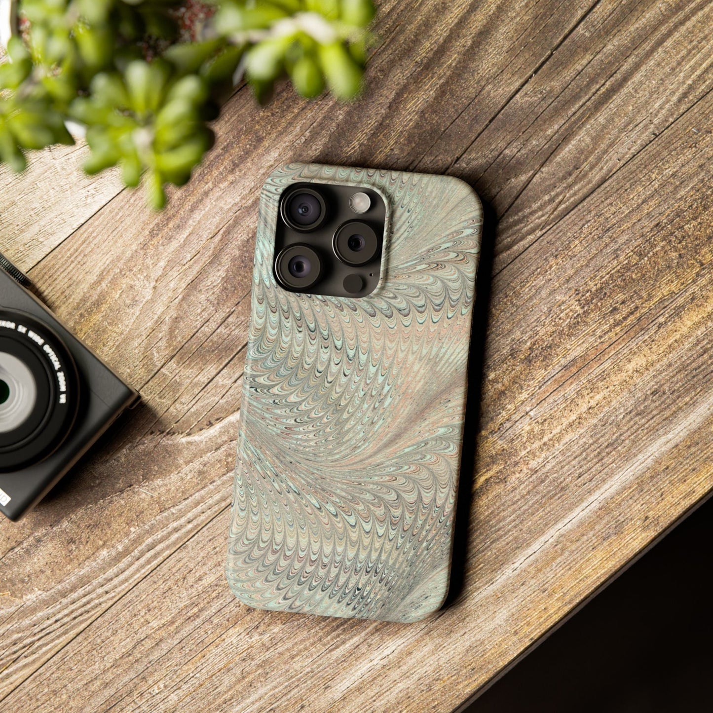 Marbled VIntage Design, Italian Feather Phone Case, Green Hues, Mint, Beige, Neutrals, Slim Phone Cases, IPHONE16 and all sizes